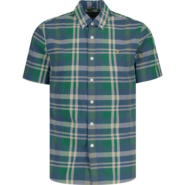 farah vintage mens wylan check seersucker button down short sleeve shirt cold metal blue