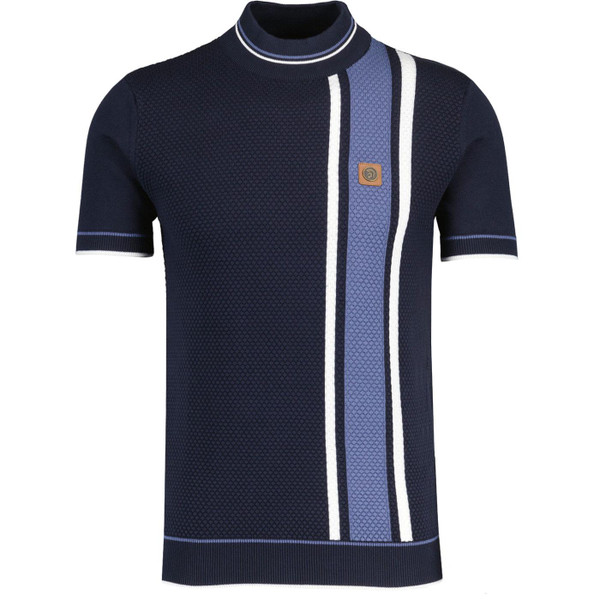 Trojan Textured Popcorn Knit Racing Stripe Turtleneck T-shirt in Navy TR8968