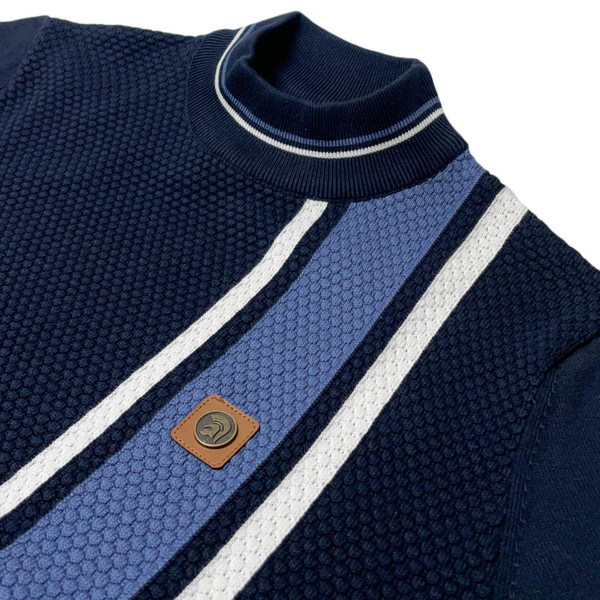 Trojan Textured Popcorn Knit Mod Racing Stripe Turtleneck T-shirt in Navy TR8968