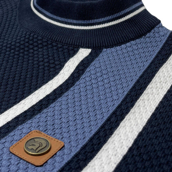 Trojan Textured Popcorn Knit Men's Retro Racing Stripe Turtleneck T-shirt in Navy TR8968