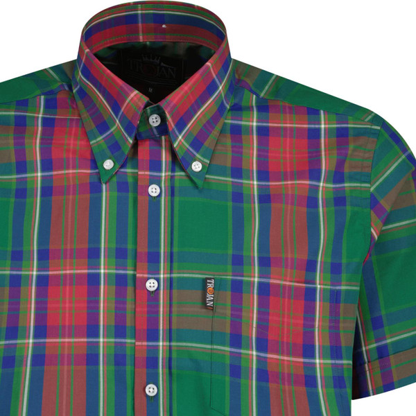 trojan clothing mens multi check mod button down short sleeve shirt green
