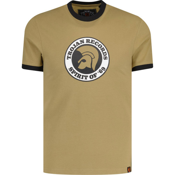 trojan clothing mens retro spirit of '69 large logo print contrast neck tshirt camel
