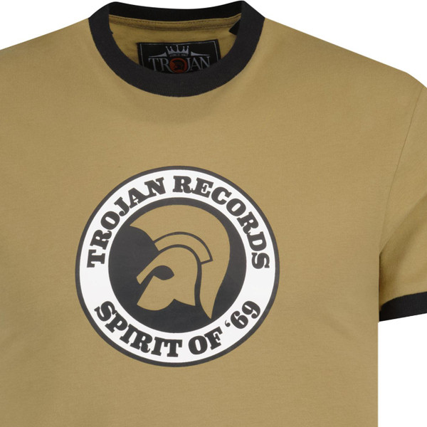 trojan clothing mens retro spirit of '69 large logo print contrast neck tshirt camel