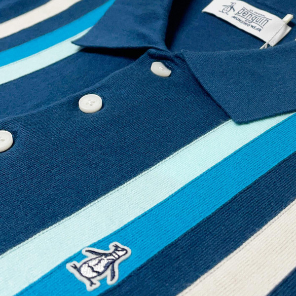 Original Penguin 1960s Mod Vertical Stripe Knitted Polo Shirt in Blue Wing Teal