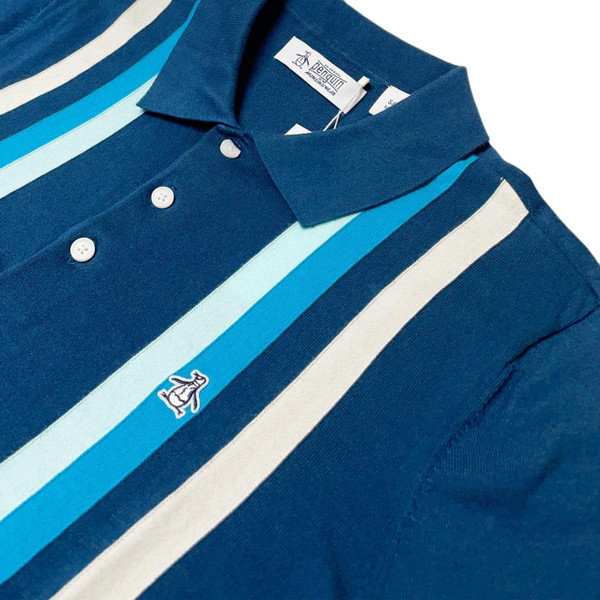 Original Penguin Stripe Knitted Polo Shirt in Blue Wing Teal OPGS2506 415