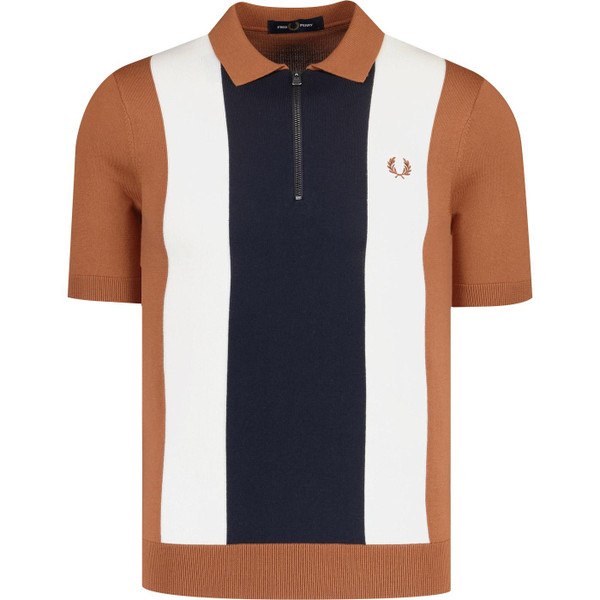 fred perry mens vertical stripe zip neck knitted polo tshirt brown