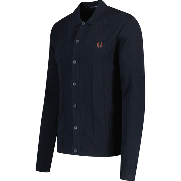 fred perry mens button through textured knit cardigan navy