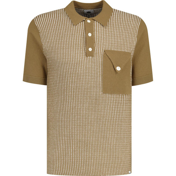 Pretty Green Mens Roxy 60s Mod Textured Knitted Polo Shirt in Brown