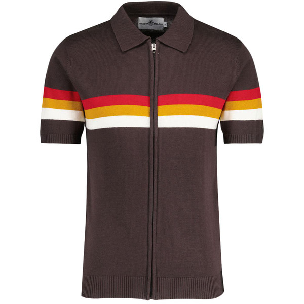 Madcap England Mavers 96 Short Sleeve Britpop Stripe Knit Track Top in Black Coffee MC1123