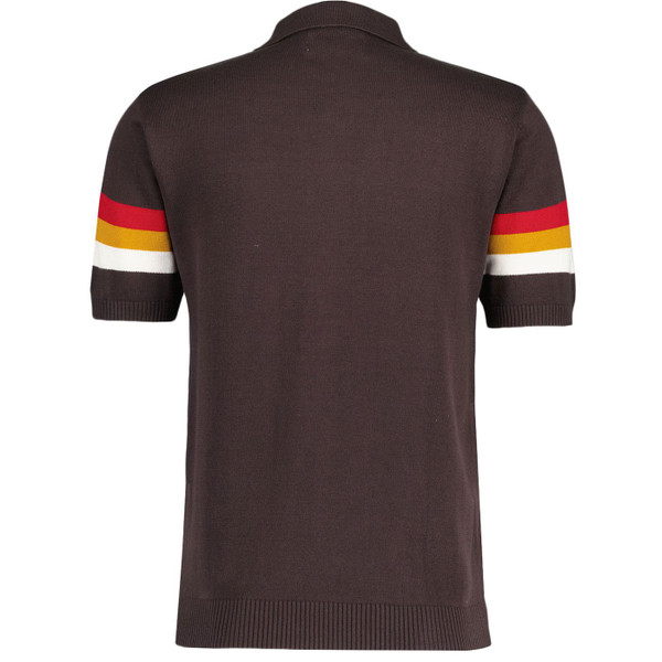 Madcap England Mavers 96 Short Sleeve Mod Britpop Stripe Knitted Zip Through Polo Shirt in Black Coffee MC1123