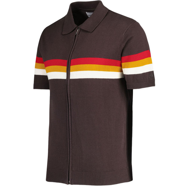 Madcap England Mavers 96 Short Sleeve Retro Britpop Stripe Knitted Zip Through Polo Shirt in Black Coffee