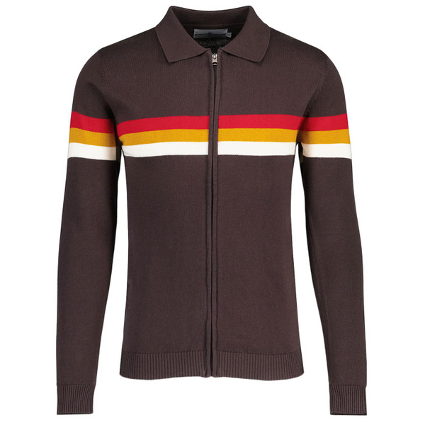 Madcap England Mavers 96 Retro Britpop Stripe Knitted Track Top in Black Coffee MC98