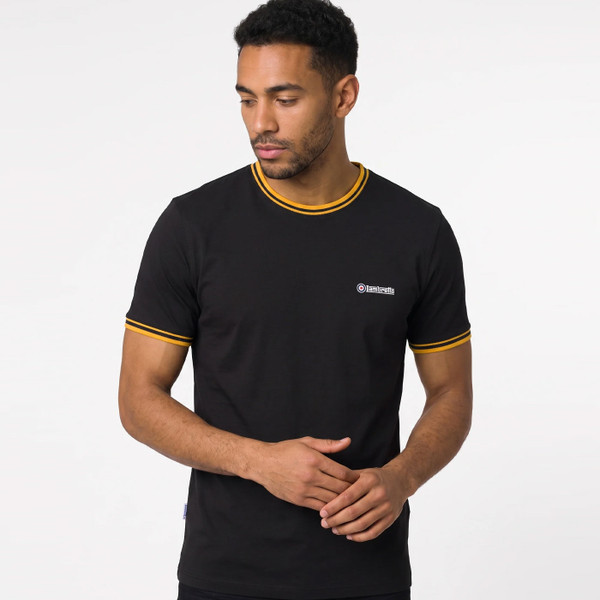 Man wearing Lambretta Retro Mod Twin Tipped Pique T-Shirt in Black/Gold