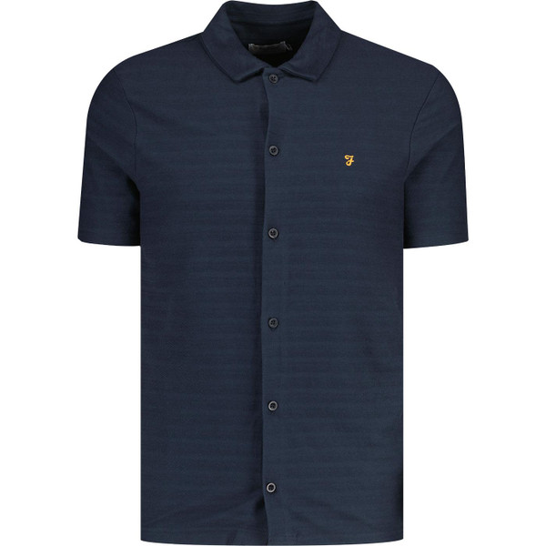 farah vintage mens massey textured jacquard stripe button through polo tshirt navy