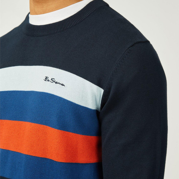 Ben Sherman Retro Chest Stripe Knitted Jumper in Dark Navy 0077611 025