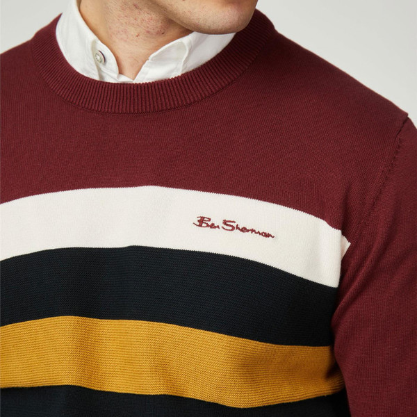 Ben Sherman Retro Chest Stripe Knitted Jumper in Wine 0077611 580