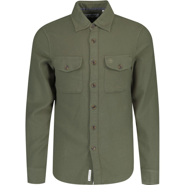original penguin twin chest pocket loop back long sleeve overshirt olive green