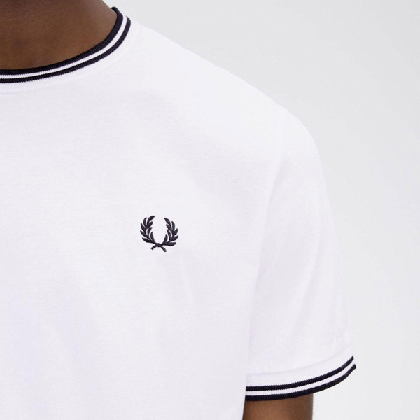 Laurel logo on Fred Perry Men's Mod Tipped T-Shirt in White with Black Tipping M1588 100 Laurel logo on Fred Perry Men's Mod Tipped T-Shirt in White with Black Tipping M1588 100