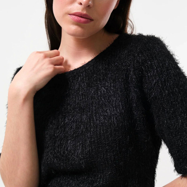Louche Laureen Eyelash Rib Short Sleeve Fluffy Jumper in Black