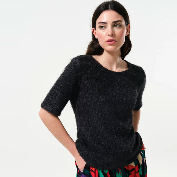 Louche Laureen Eyelash Rib Short Sleeve Fluffy Jumper in Black