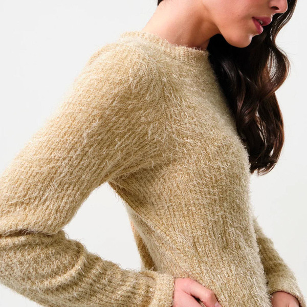 Louche Guila Eyelash Rib Long Sleeve Knit Midi Dress in Beige
