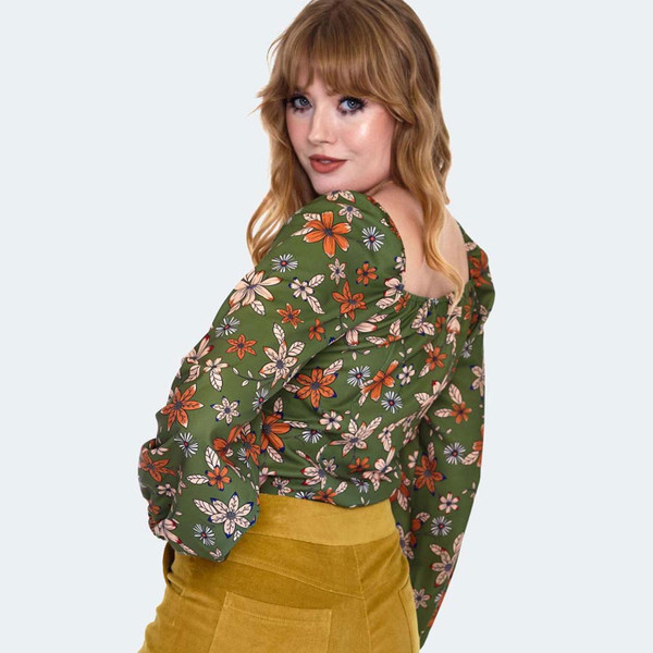 Voodoo Vixen Women's Floral Long Sleeve Tie Top in Green TPA2852