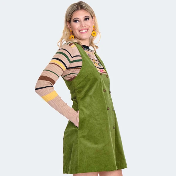 Voodoo Vixen Retro 70s Corduroy Overall Button Skirt Mini Dress in Green SKA3932