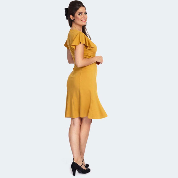 Voodoo Vixen Retro 50s Flutter Sleeve Twist Front Flare Dress in Mustard DRA9741