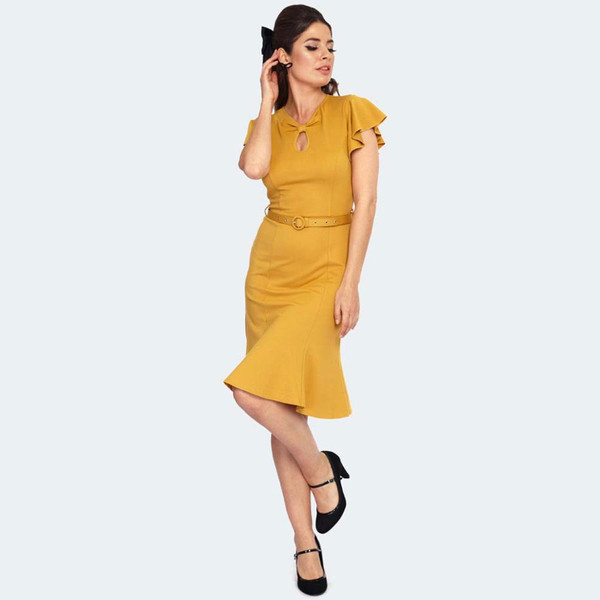 Voodoo Vixen Retro 50s Flutter Sleeve Twist Front Flare Dress in Mustard DRA9741