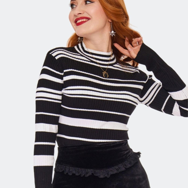 Voodoo Vixen Retro 70s Black And White Striped High Neck Sweater SWA 7100