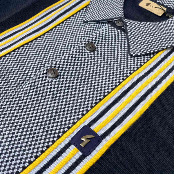 Gabicci Vintage Haddon Men's Retro Checkerboard Knit Polo Shirt in Navy