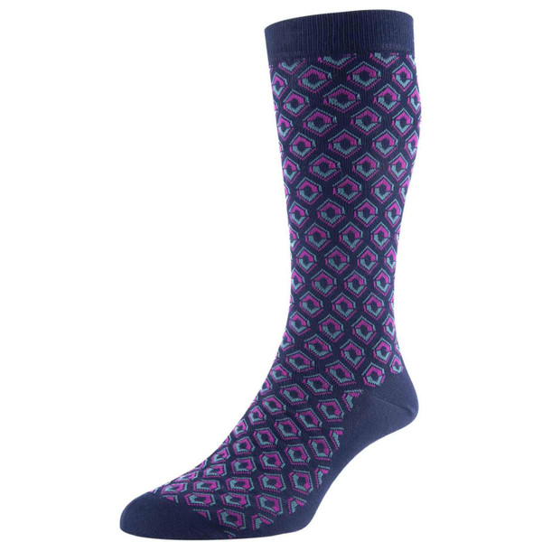 Pantherella Men's Geometric Retro Socks 535655 0001 Beckford in Navy/Magenta