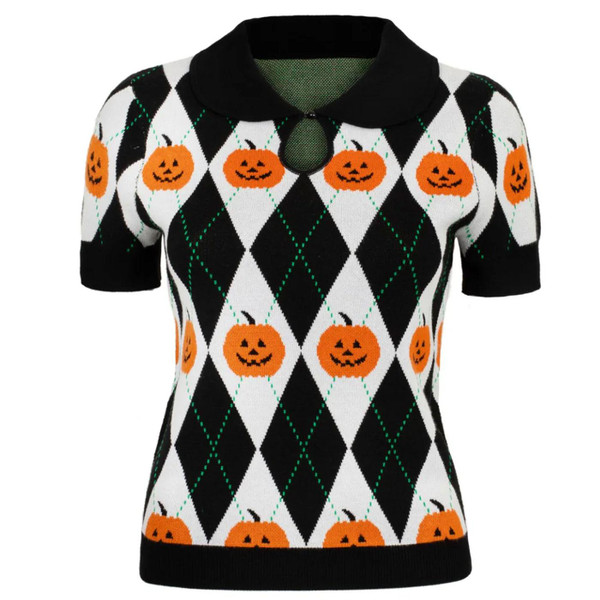 Hell Bunny Pumpkin Head Halloween Knitted Polo Top