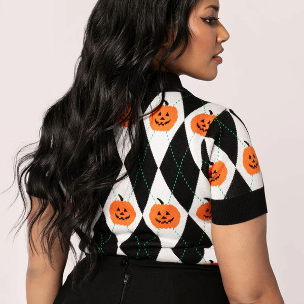 Hell Bunny Pumpkin Head Halloween Knitted Polo Top