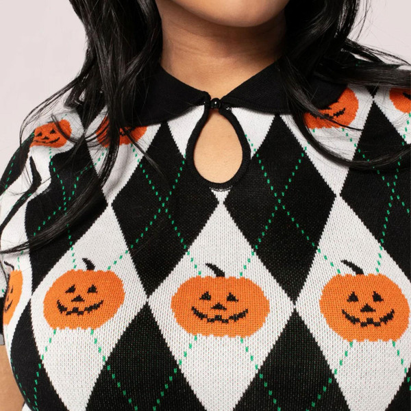 Hell Bunny Pumpkin Head Halloween Knitted Polo Top