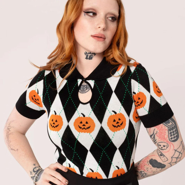 Hell Bunny Pumpkin Head Halloween Knitted Polo Top