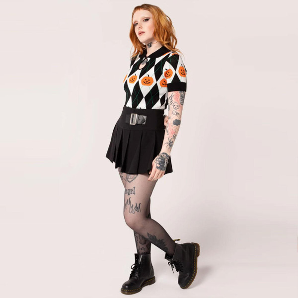 Hell Bunny Pumpkin Head Halloween Knitted Polo Top