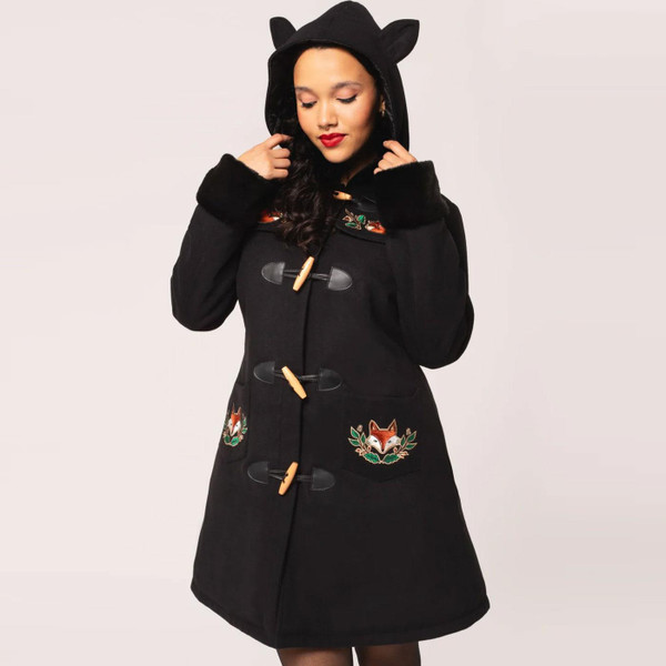 Hell Bunny Basil Retro Autumn Fox Ear Hooded Coat in Black