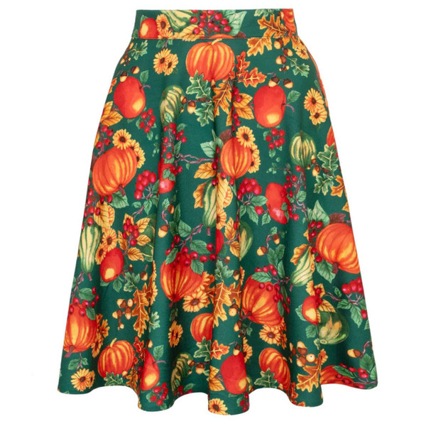 Hell Bunny Retro 50s Flared Autumn Skirt in Pumpkins and Leaves Print