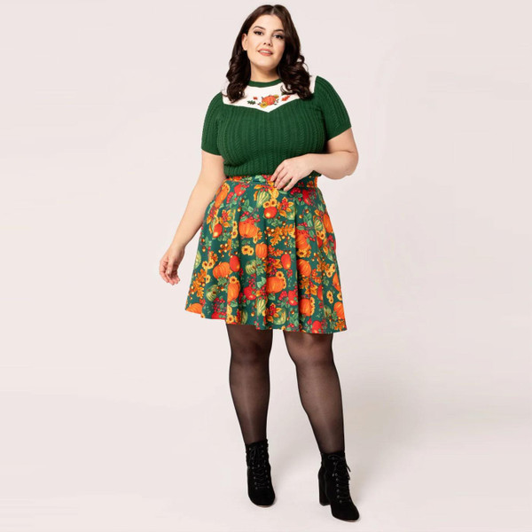 Hell Bunny Retro 50s Flared Autumn Skirt in Pumpkins and Leaves Print