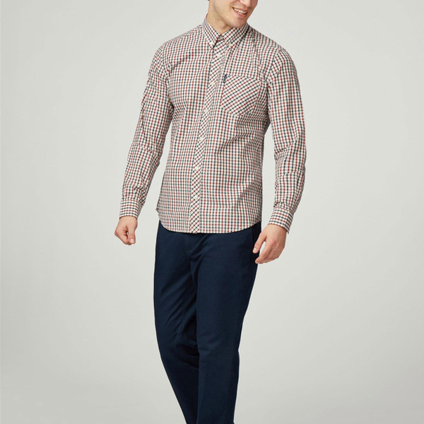Ben sherman mens signature house check button down long sleeve shirt dark red blue