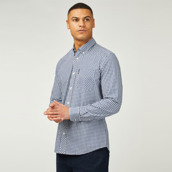Side view of Ben Sherman Mens Signature Gingham Button Down Long Sleeve Shirt in Dark Blue