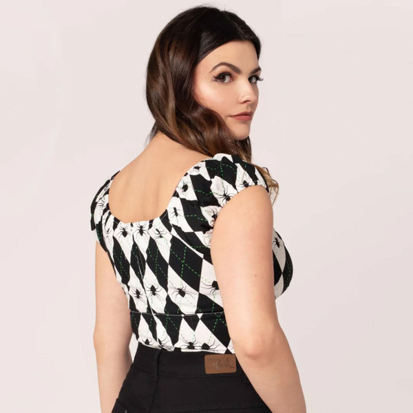 Hell Bunny Regina Spider Argyle Halloween Top in Black/White