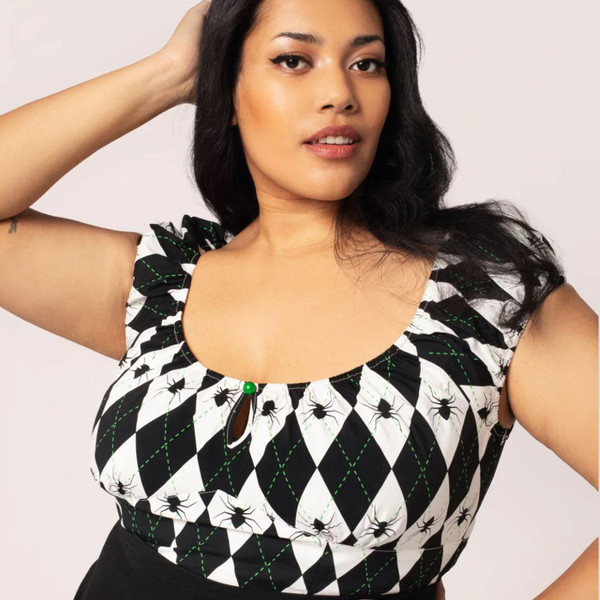 Hell Bunny Regina Spider Argyle Halloween Top in Black/White