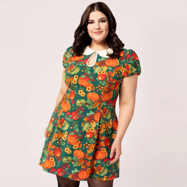 Hell Bunny Retro Autumn Mini Dress in Green