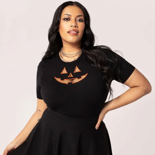 Hell Bunny Jack-O-Lantern Cut-Out T-Shirt Top in Black/Orange