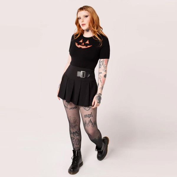 Hell Bunny Jack-O-Lantern Cut-Out T-Shirt Top in Black/Orange