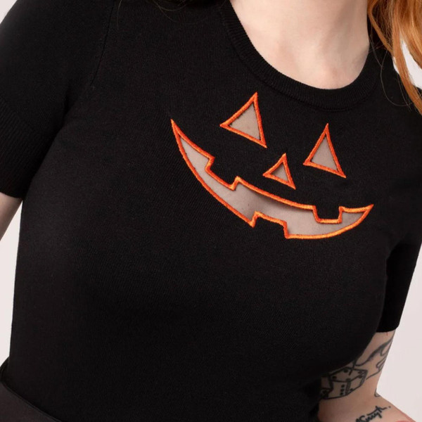 Hell Bunny Jack-O-Lantern Cut-Out T-Shirt Top in Black/Orange