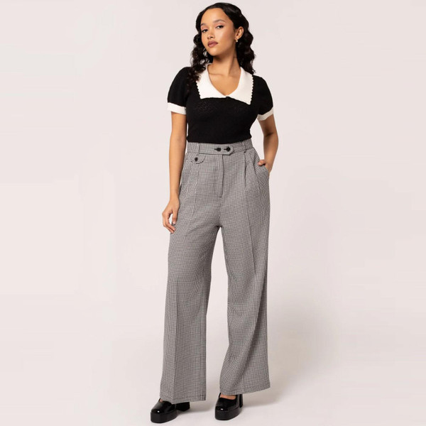 Hell Bunny Teddy Houndstooth Wide Leg Retro 40s Women's Trousers in Black/White