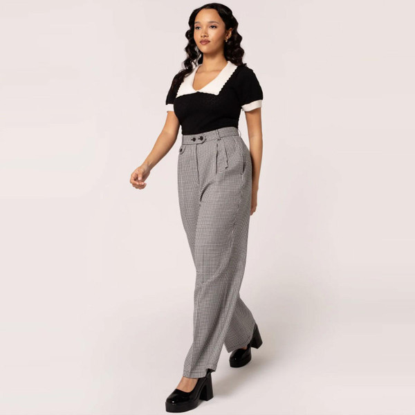 Hell Bunny Teddy Houndstooth Wide Leg Retro 40s Women's Trousers in Black/White